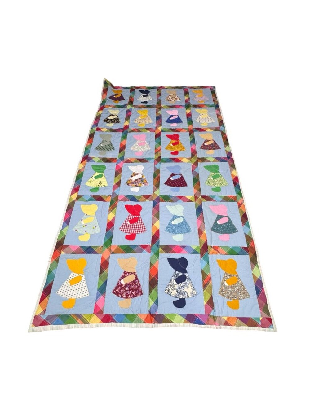 Vintage Handmade Sunbonnet Sue Quilt Throw Blanket Twin Plaid Border 76x54 READ - Picture 1 of 7